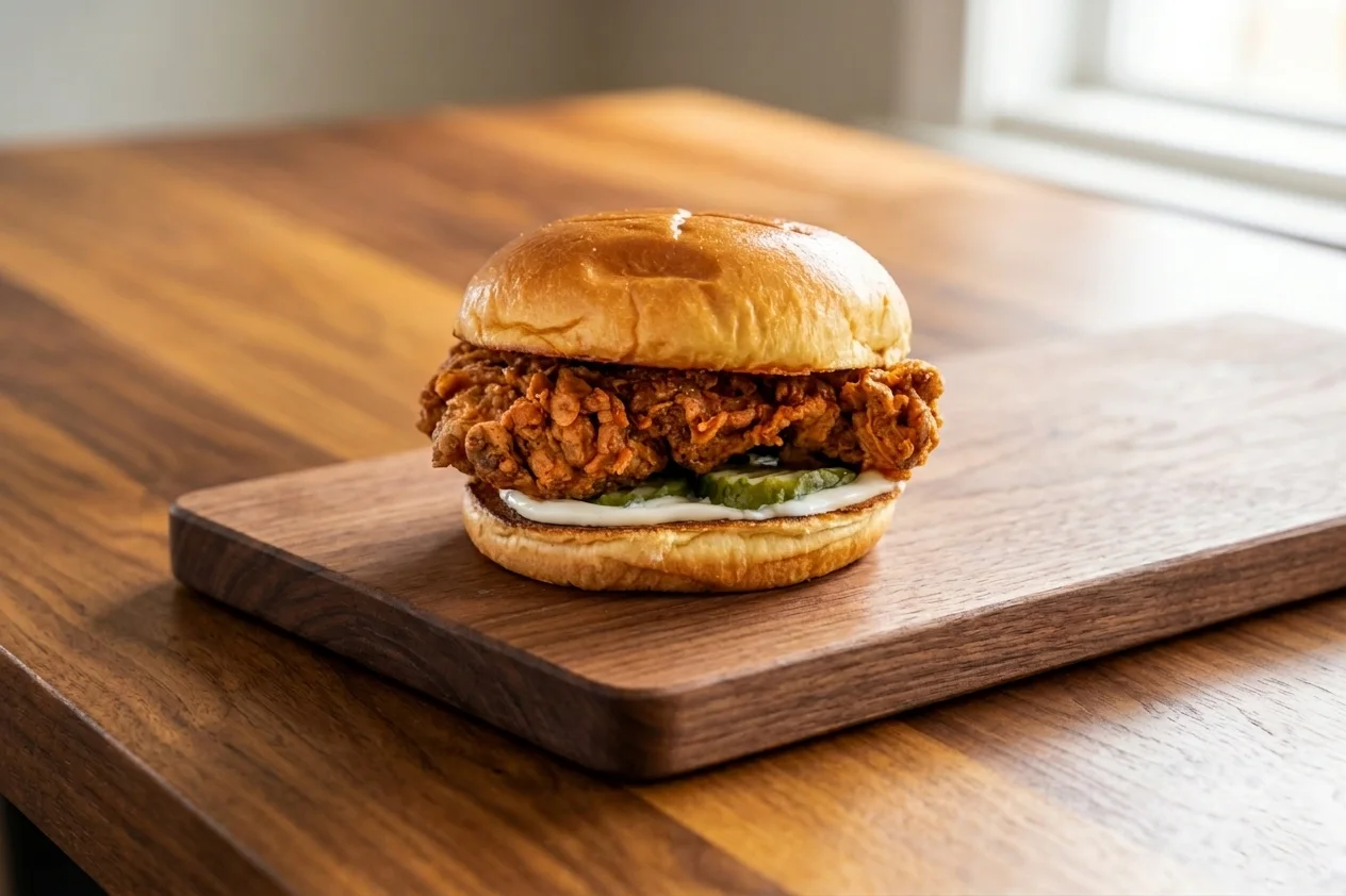 Meat The Bun Edmonton &mdash; Golden crispy Fried Chicken Sandwich with fresh toppings and house-made sauce on a toasted bun