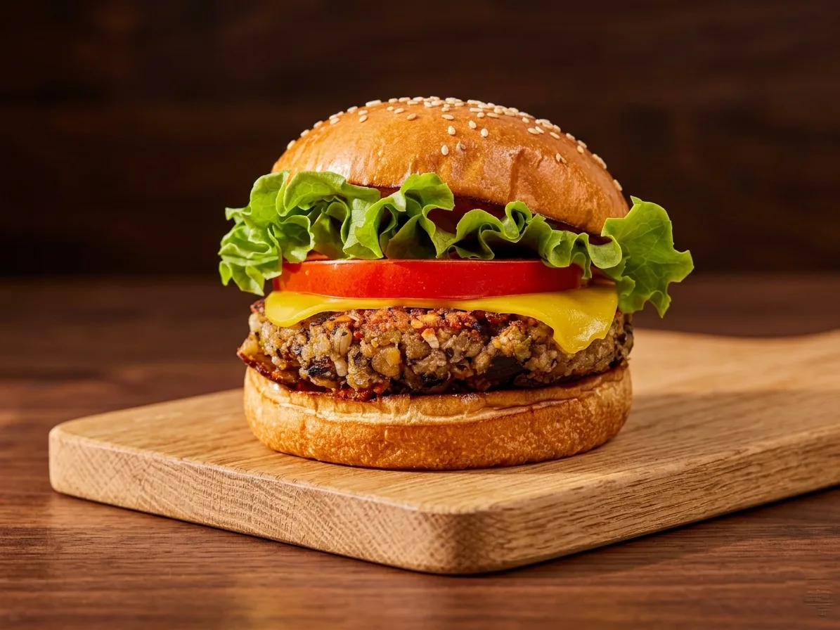 Meat The Bun Edmonton &mdash; Veggie Burger with plant-based patty, fresh toppings and bold house-made sauce on a toasted bun